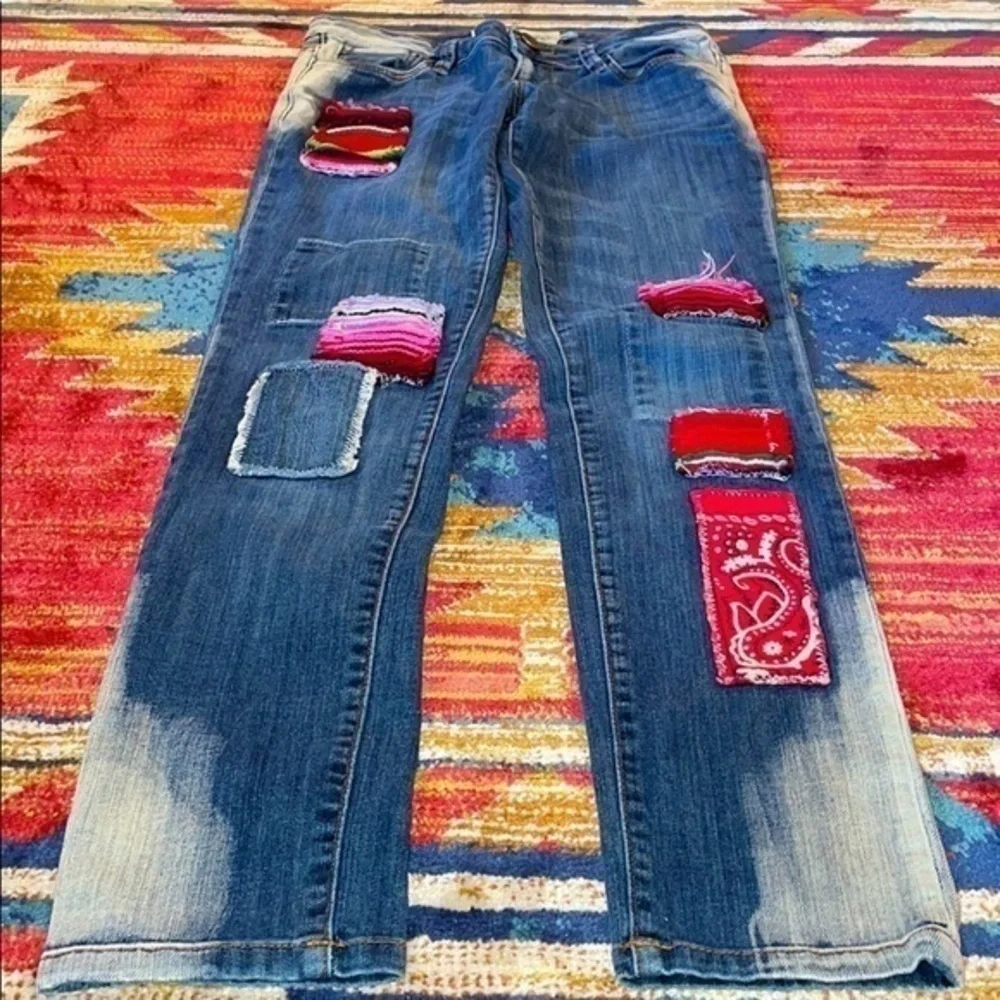 Free People Artisan De Luxe Patchwork Boho Distressed Acid Washed Denim Jeans